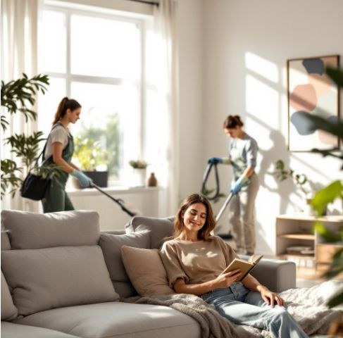عميلة تسترخي في منزلها بينما فريق نقاء للتنظيف الموثوق يشتغل بأمانة